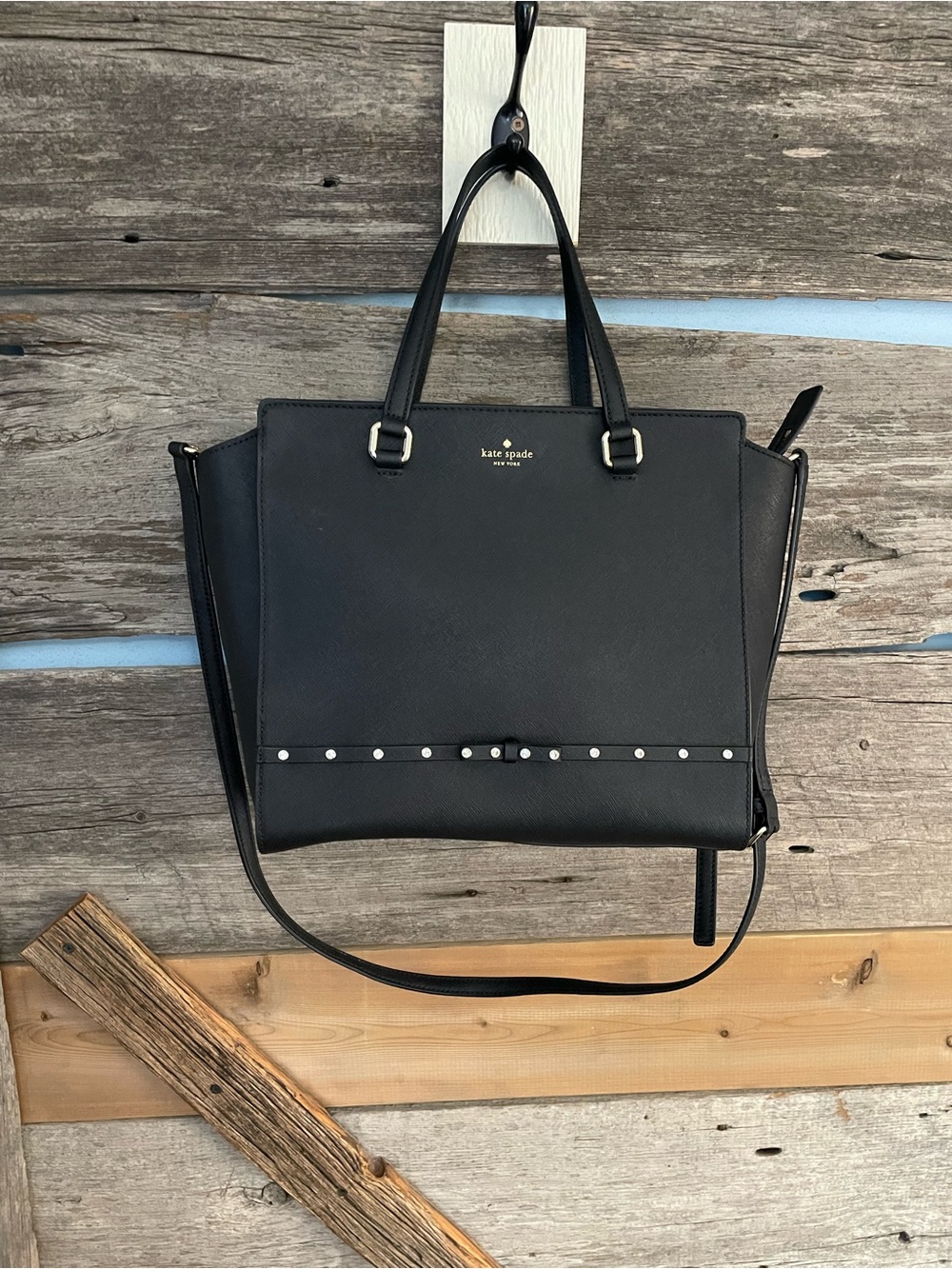 Kate Spade Black Leather Laurel Way Small Satchel with Stud Accent